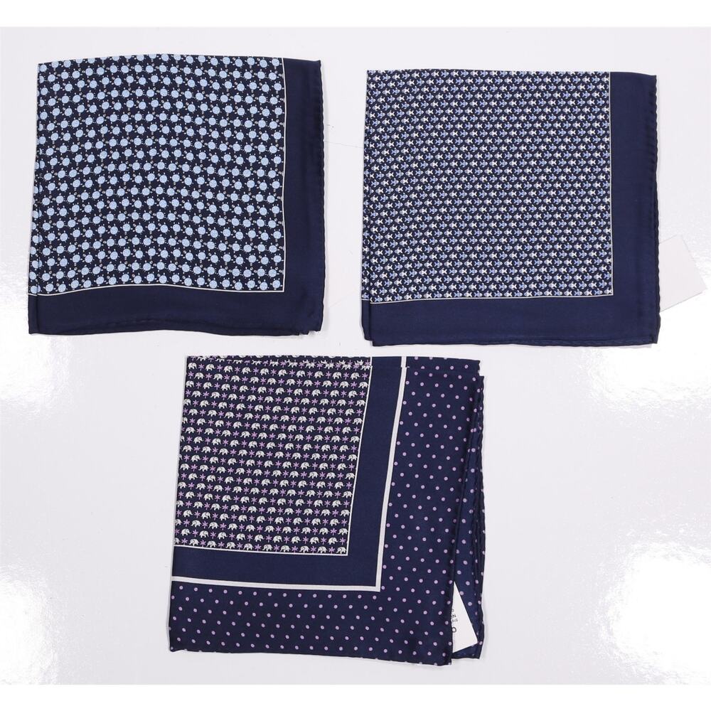 Lot of 3 Navy Hand Rolled Silk Print Pocket Squares Turtles Elephants Fish New